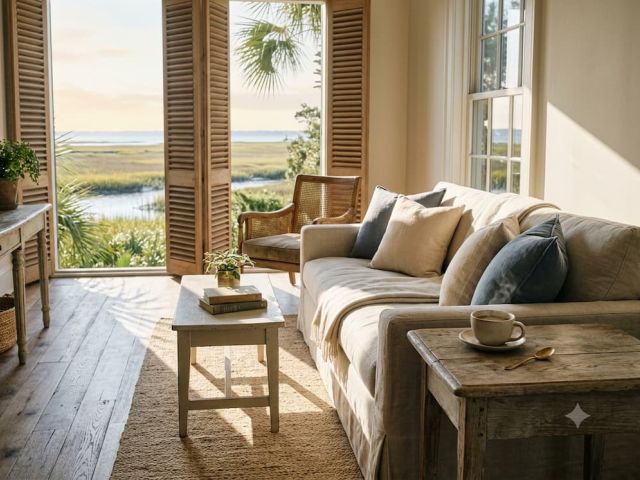 Bright living room interior with water view