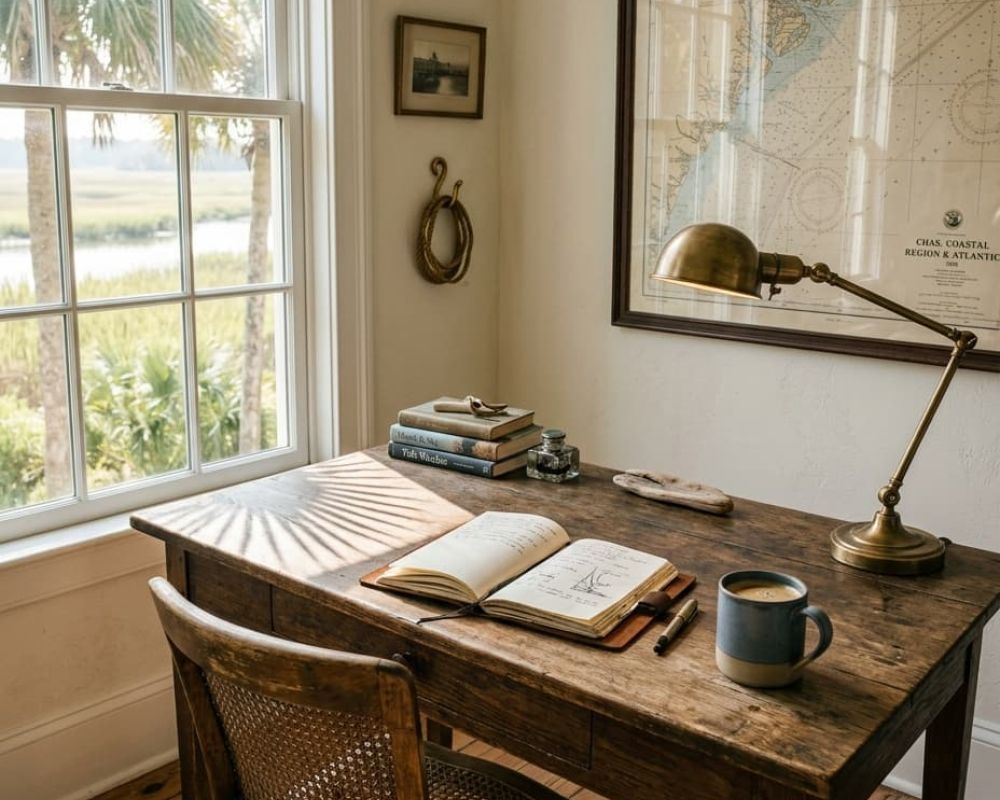 Sunlit desk and workspace by window