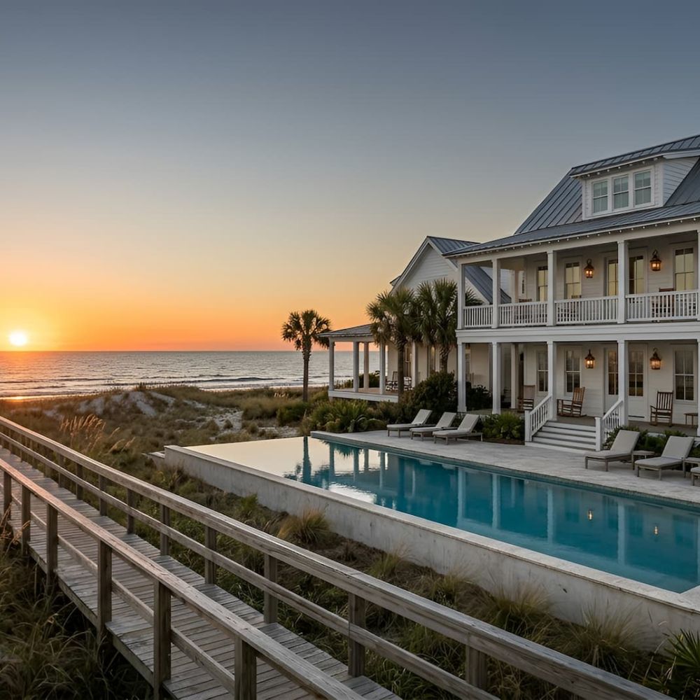 Beachfront house with pool at golden sunset