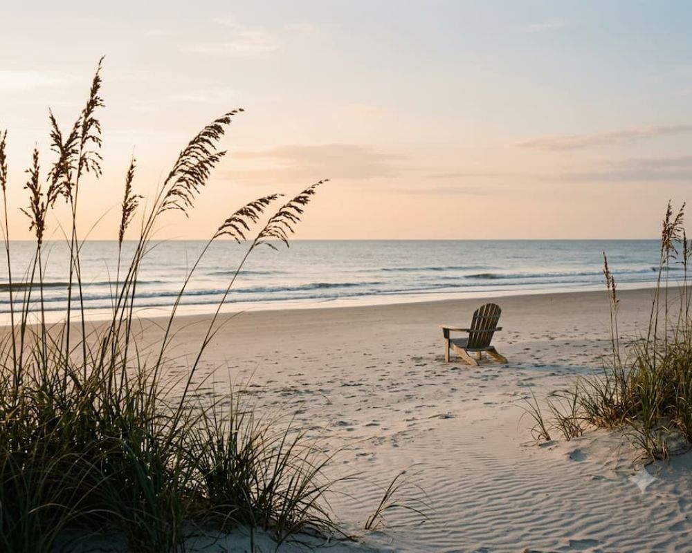 Sand dunes with beach grass at sunset