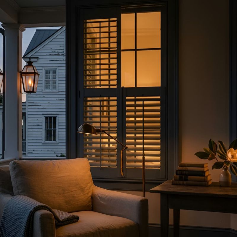 Interior room with wooden shutters at sunset