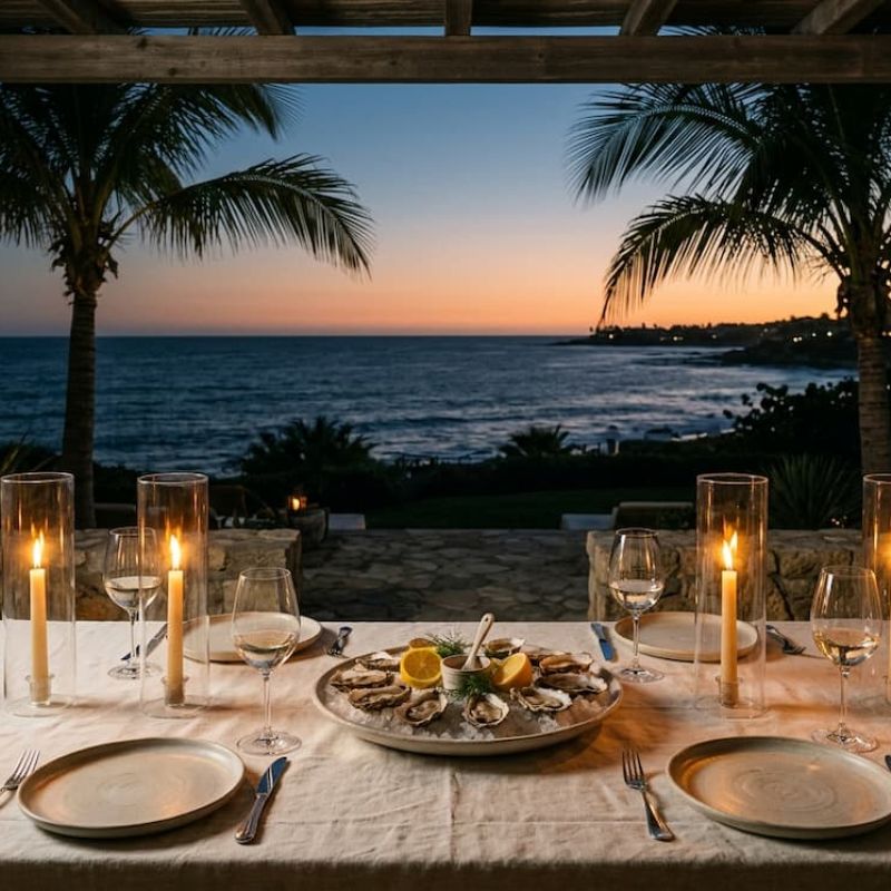 Beachfront dining setup overlooking ocean at sunset