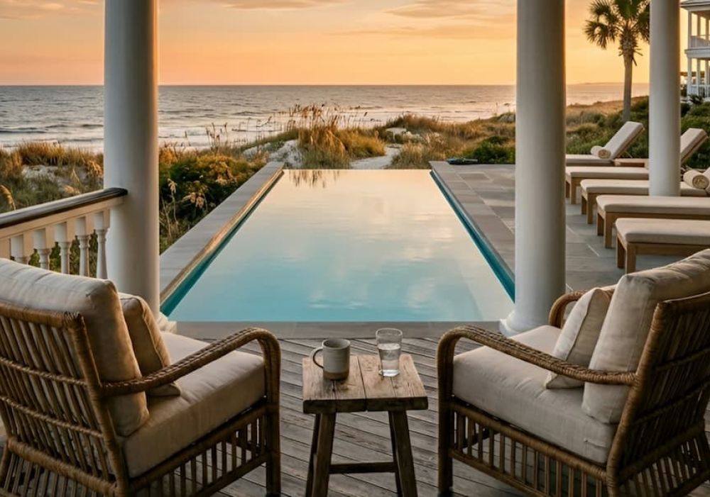 Oceanfront porch with infinity pool at sunset, Charleston coast