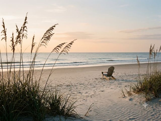 Sand dunes with beach grass at sunset